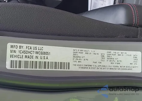 2021 Dodge Durango R/T Rwd из США, поврежденный, VIN 1C4SDHCT1MC608051